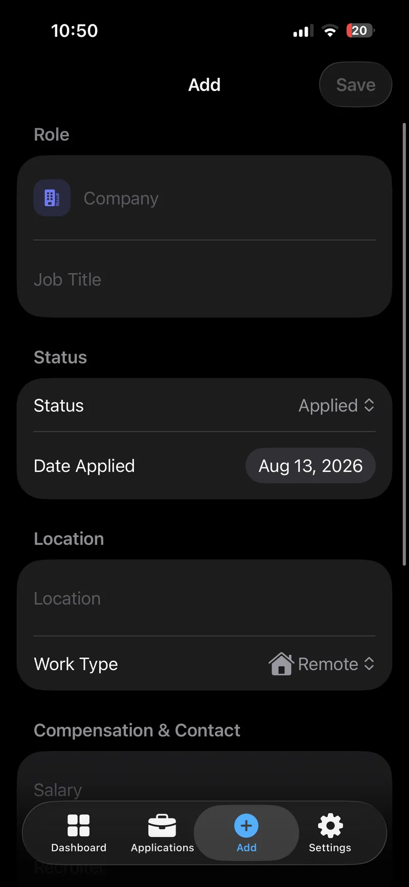Climb add application screen with company, role, status, and location fields