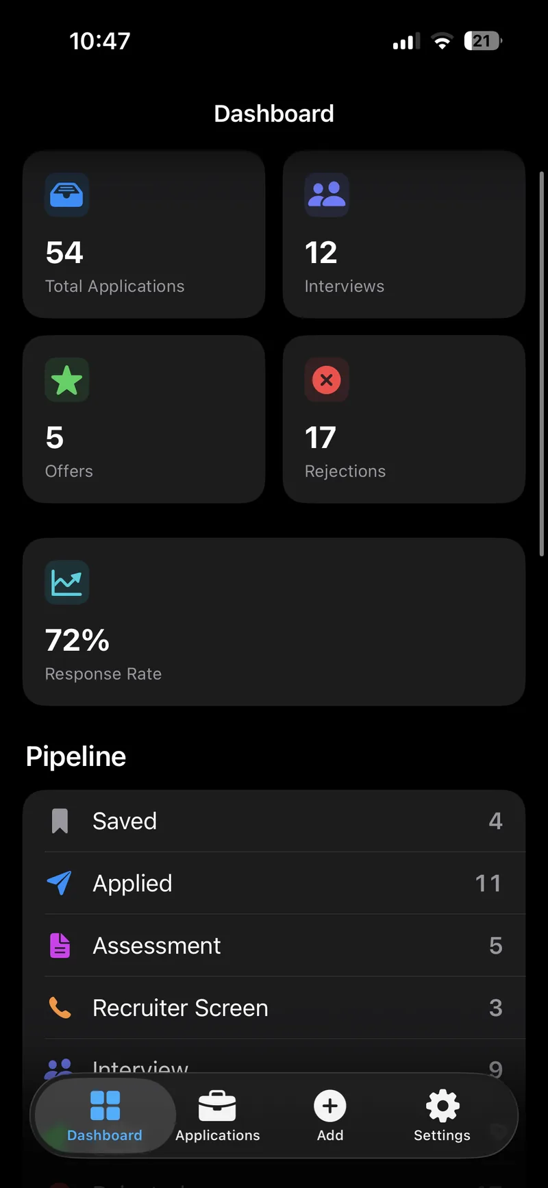 Climb dashboard showing total applications, interviews, offers, and pipeline