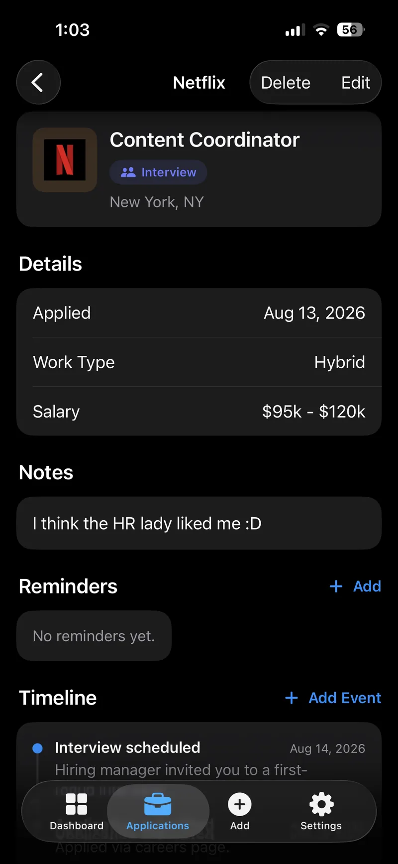 Climb application detail with notes, reminders, and a timeline of events