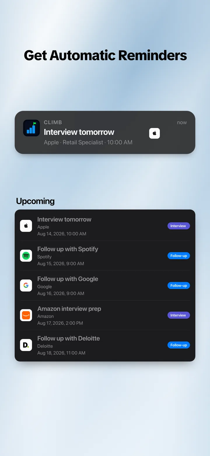 Climb reminder for an upcoming interview and a list of follow-ups