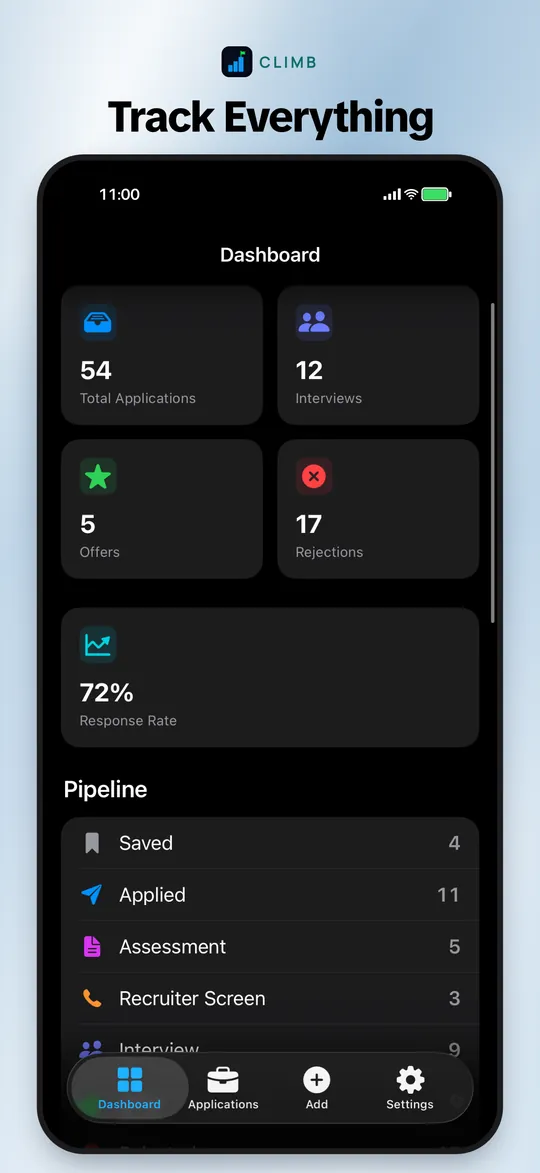 Climb App Store screenshot: dashboard to track everything